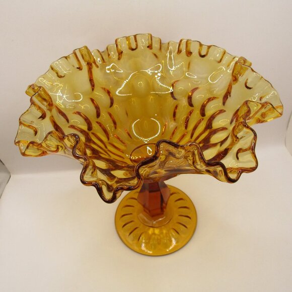 Fenton Round Compote Thumbprint Colonial Amber Ruffled Edge - Picture 3 of 12